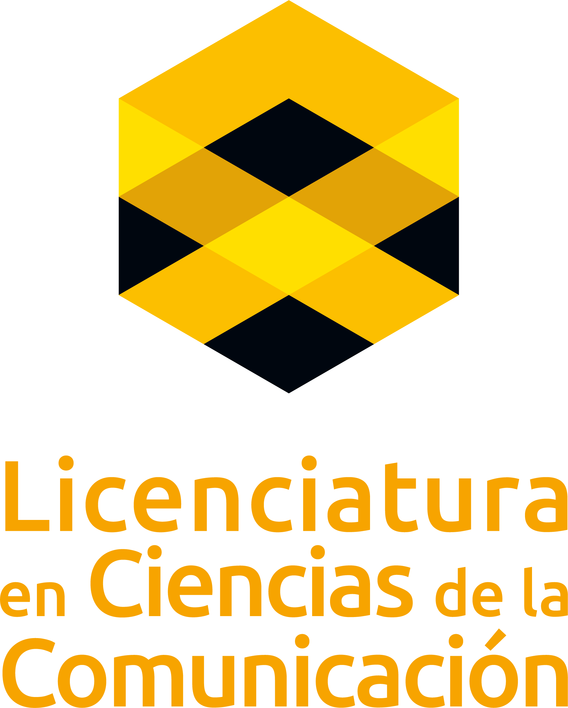 Logotipo de la licenciatura en comunicación conformado por un hexagono amarillo con triangulos y rombos naranja oscuro y negros en su interior y debajo de esto el texto Licenciatura en ciencias de la comunicación en color amarillo