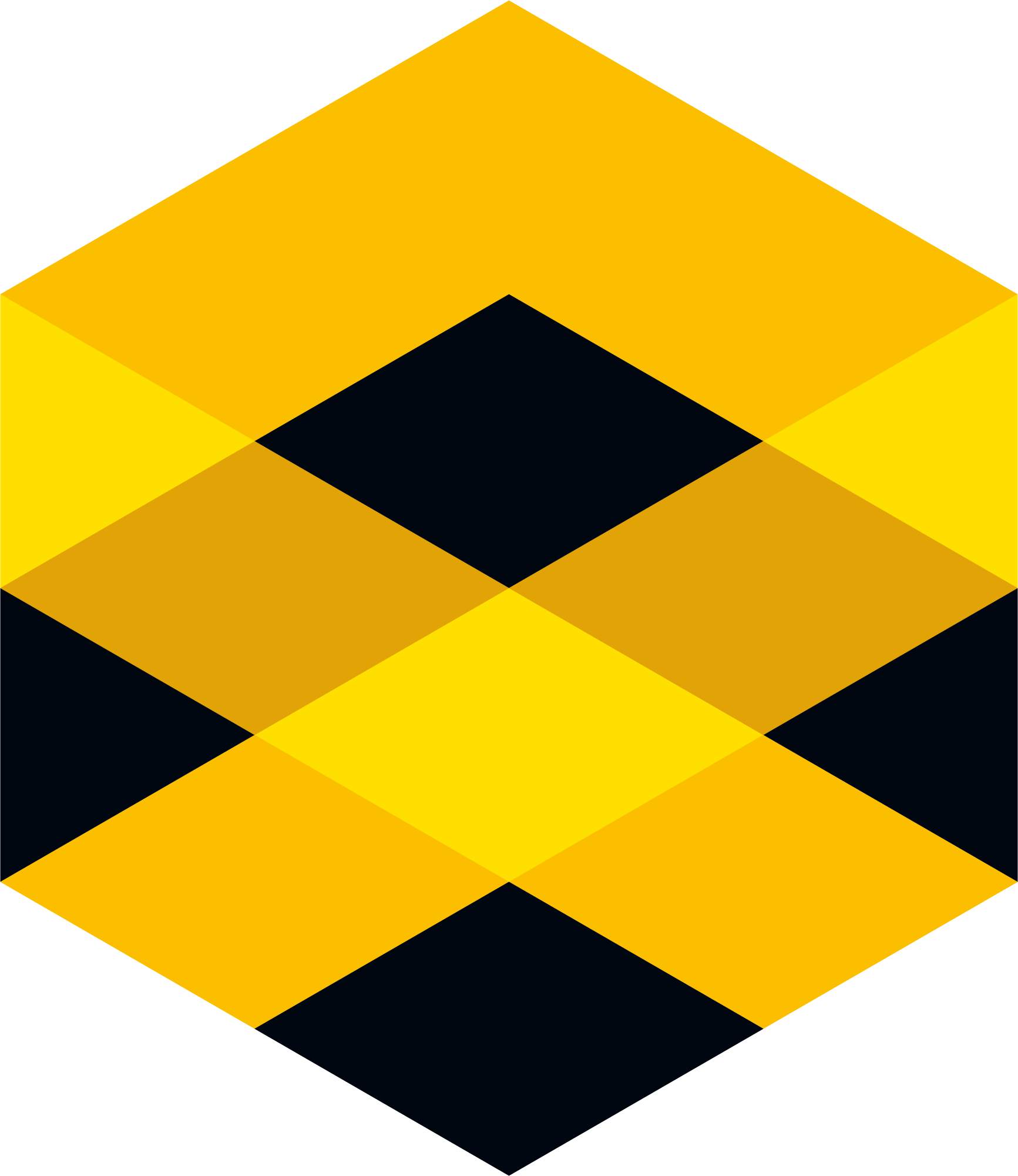 Logotipo de la licenciatura en comunicación conformado por un hexagono amarillo con triangulos y rombos naranja oscuro y negros en su interior