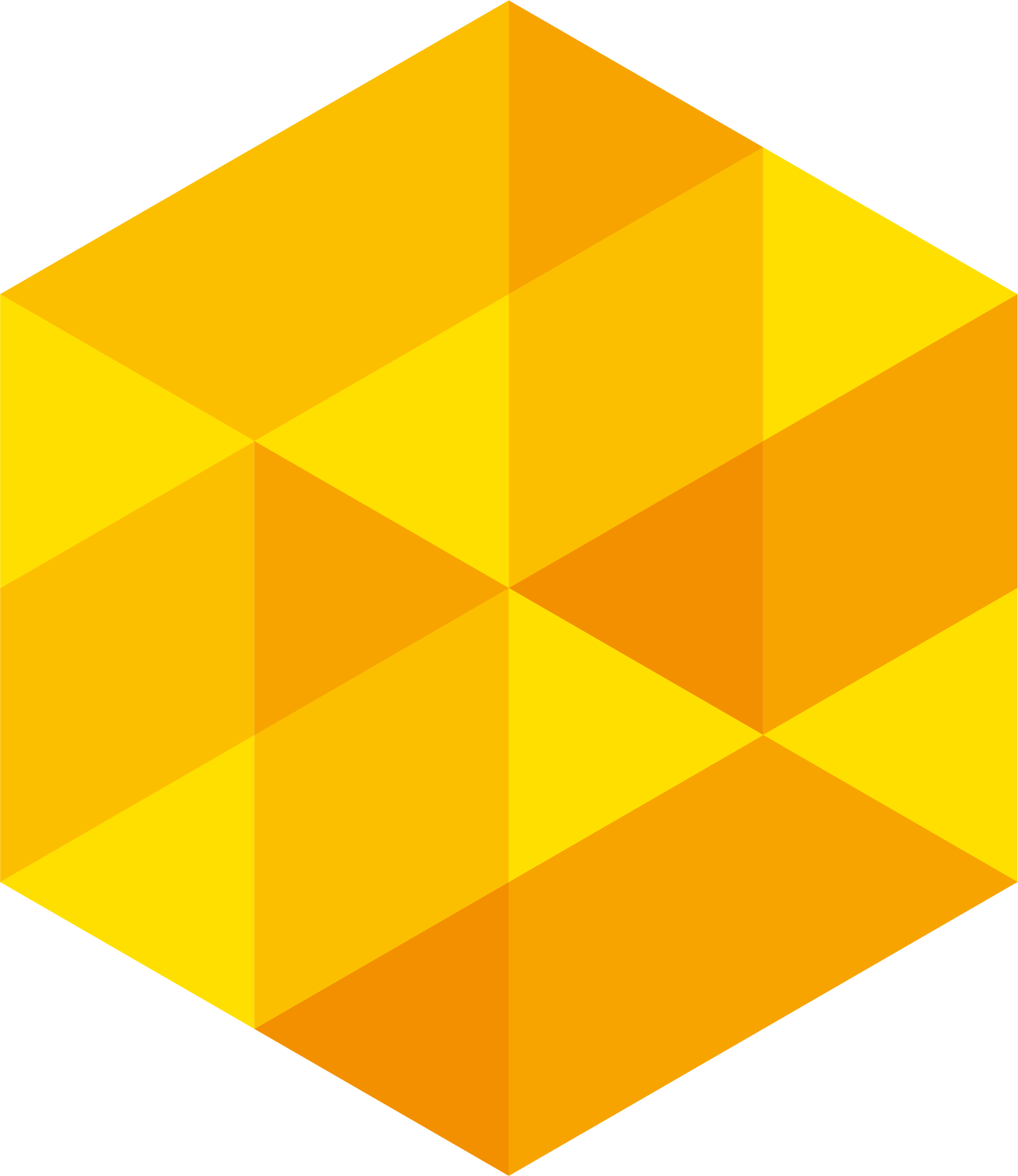 Logotipo de la DCCD conformado por un hexagono de color amarillo con triangulos y trapecios en naranja claro y oscuro