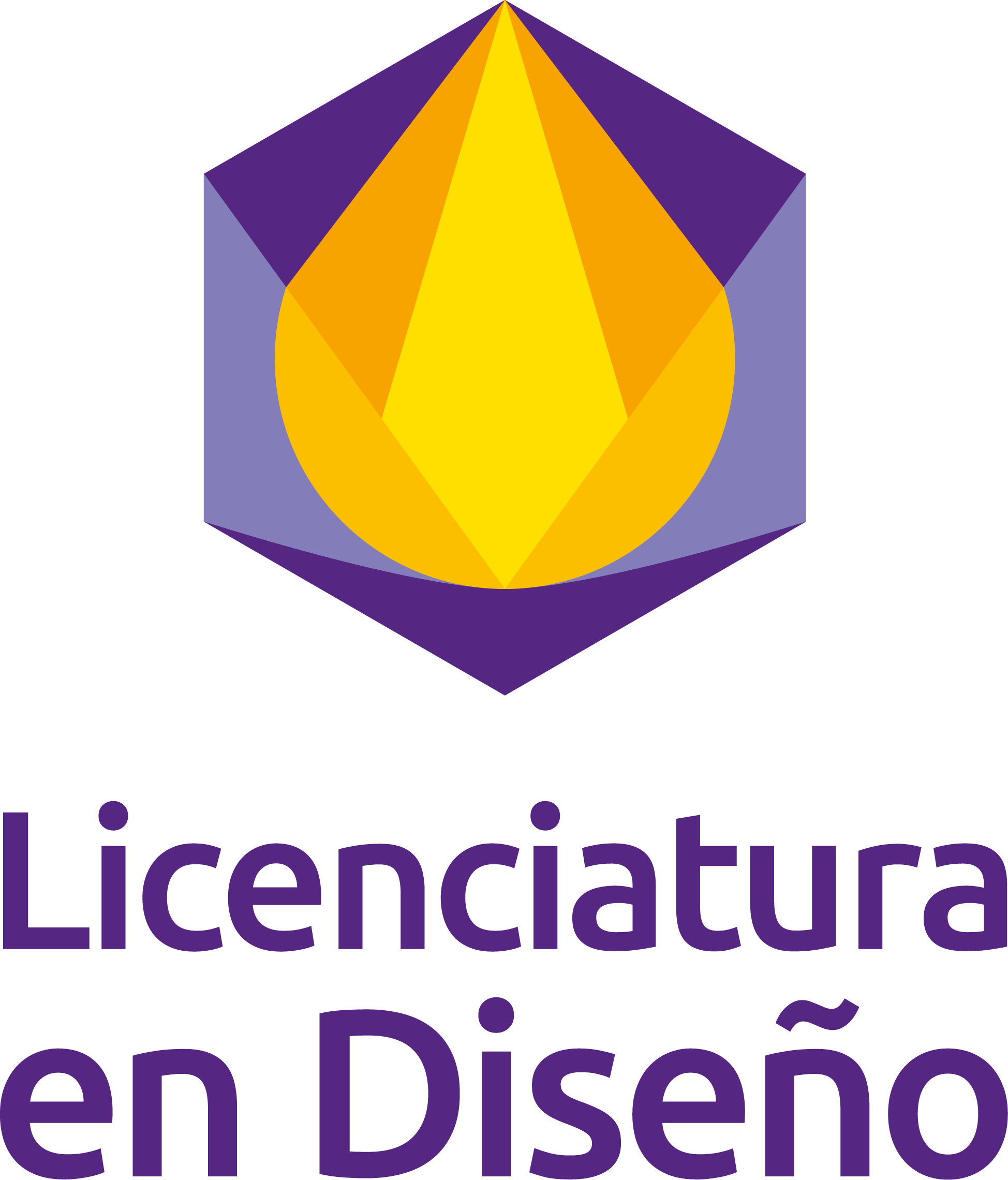 Logotipo de la licenciatura en diseño conformado por un hexágono morado con una forma geometrica en forma gota en color naranja y un rombo alargado en el centro de color amarillo representando una gota de miel