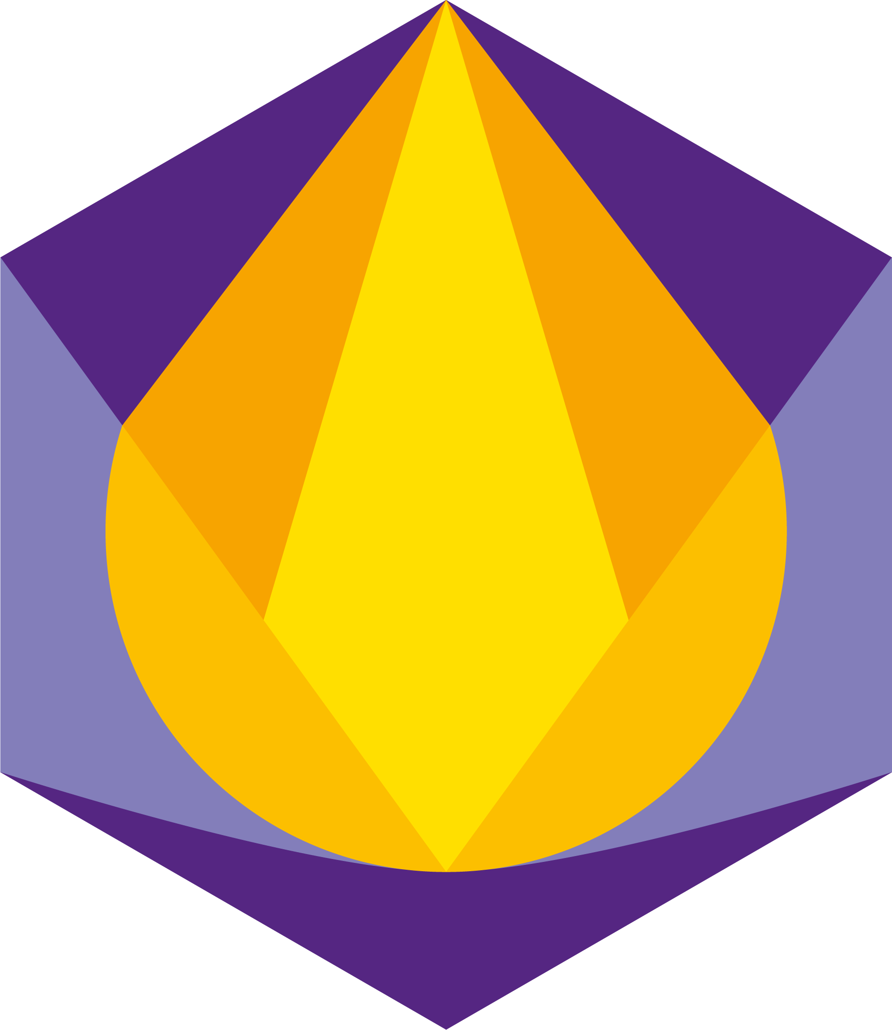 Logotipo de la licenciatura en diseño conformado por un hexagono morado con la figura de un gota de miel en su interior en colores amarillo y naranja oscuro