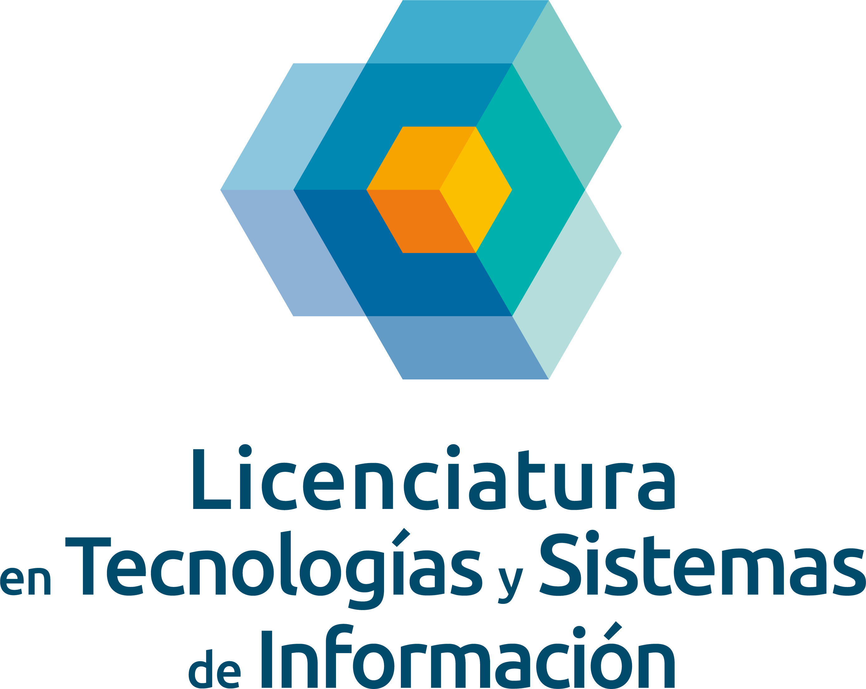 Logotipo de la licenciatura en diseño conformado por un hexagono naranja dentro de otro hexagono azul fuerte y rodeado por un hexagono incompleto en color azul claro. Abajo de esto el texto en azul de Licenciatura en Tecnologías y sistemas de información