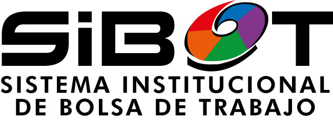 Logotipo del Sibot conformado por la letra S en mayuscula, i en minuscula, B en mayuscula, una esperial dividida en 5 partes y cada una con fondo de color diferentes y una T en mayuscula. Abajo de esto el texto Sistema institucional de bolsa de trabajo, todo en color negro y con fondo blanco