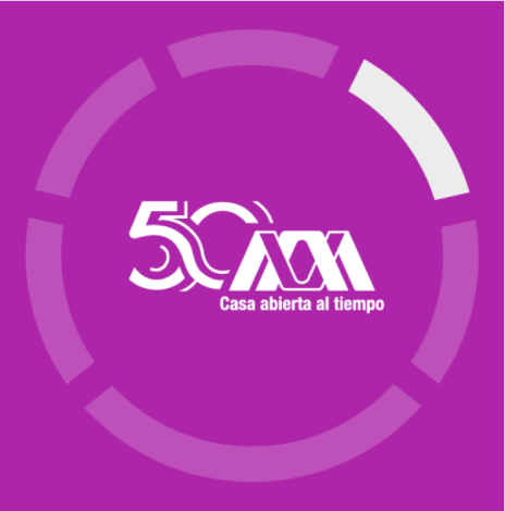 Cuadrado morado acompañado en el centro por el logotipo de la UAM con un 50 de lado izquierdo, ambos encerrados en un ciruclo dividio en 6 partiendo del lado superior central en color gris claro y la segunda parte en blanco